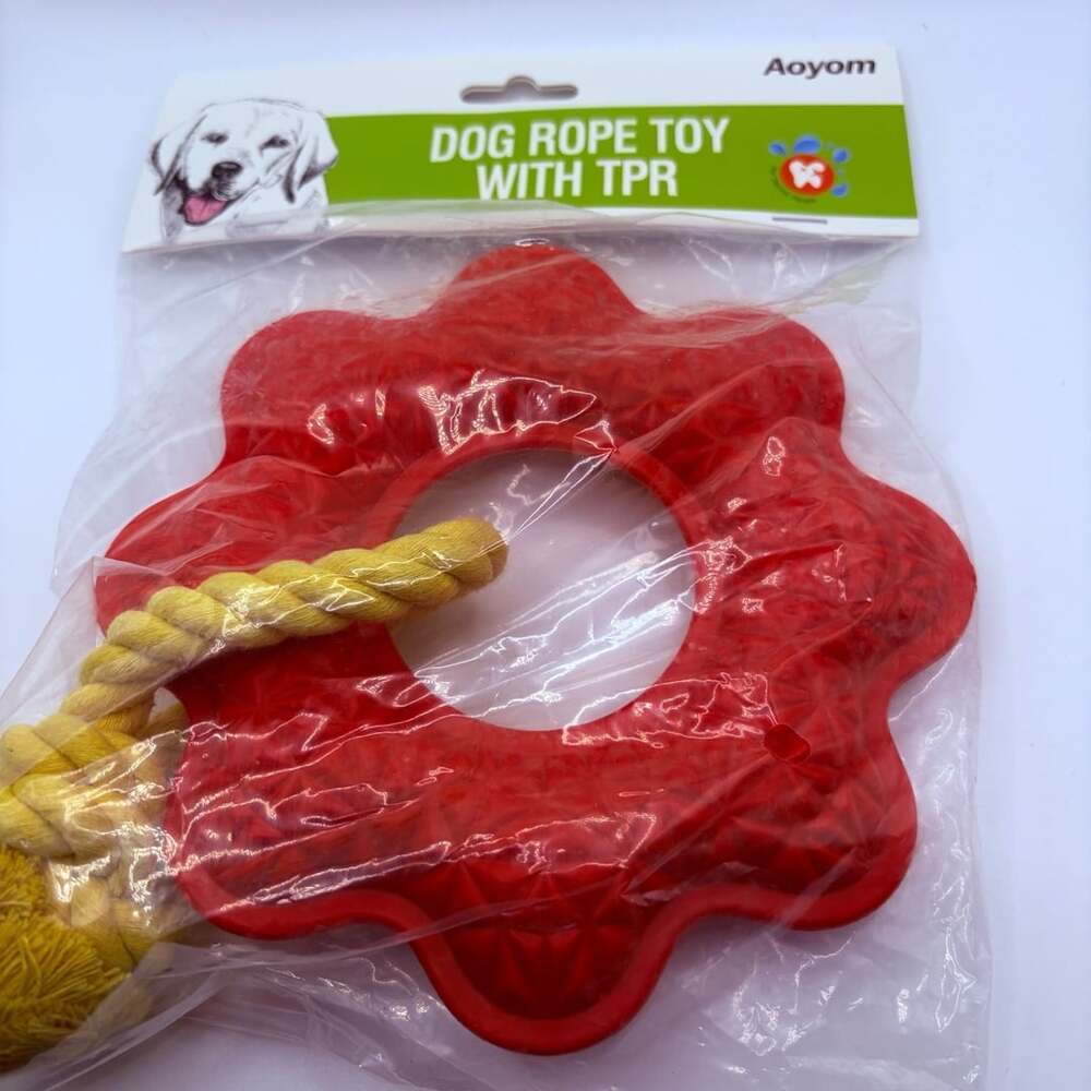 NEW Aoyom Dog Rope Toy with TPR Rubber Tug Chew Toy Red Yellow